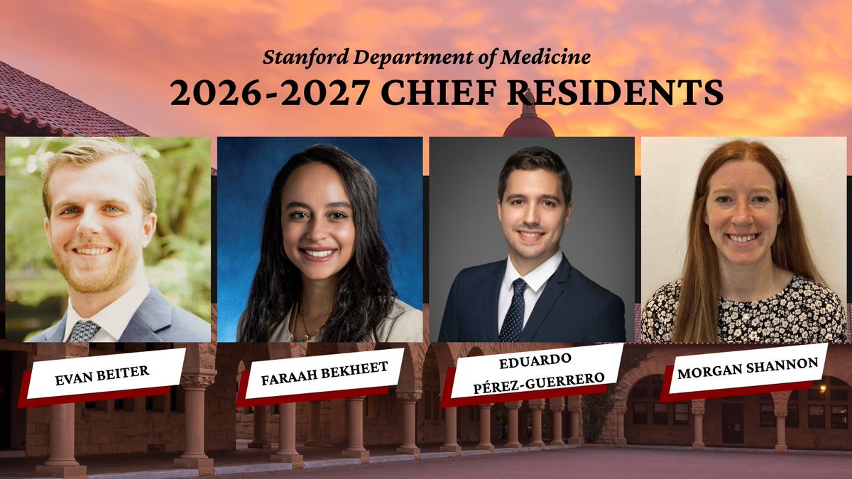 Stanford Department of Medicine (@stanforddeptmed) on Twitter photo Every year, four exceptional PGY-2s are chosen by <a href="/StanfordMedRes/">StanfordMedRes</a> to serve as Chief Residents. Join us in congratulating #StanDOM's Evan Beiter, Faraah Bekheet, Eduardo Pérez-Guerrero & <a href="/__morganshannon/">Morgan Shannon</a> — our 2026–27 Chiefs! stanford.io/4kedVzg Every year, four exceptional PGY-2s are chosen by <a href="/StanfordMedRes/">StanfordMedRes</a> to serve as Chief Residents. Join us in congratulating #StanDOM's Evan Beiter, Faraah Bekheet, Eduardo Pérez-Guerrero & <a href="/__morganshannon/">Morgan Shannon</a> — our 2026–27 Chiefs! stanford.io/4kedVzg