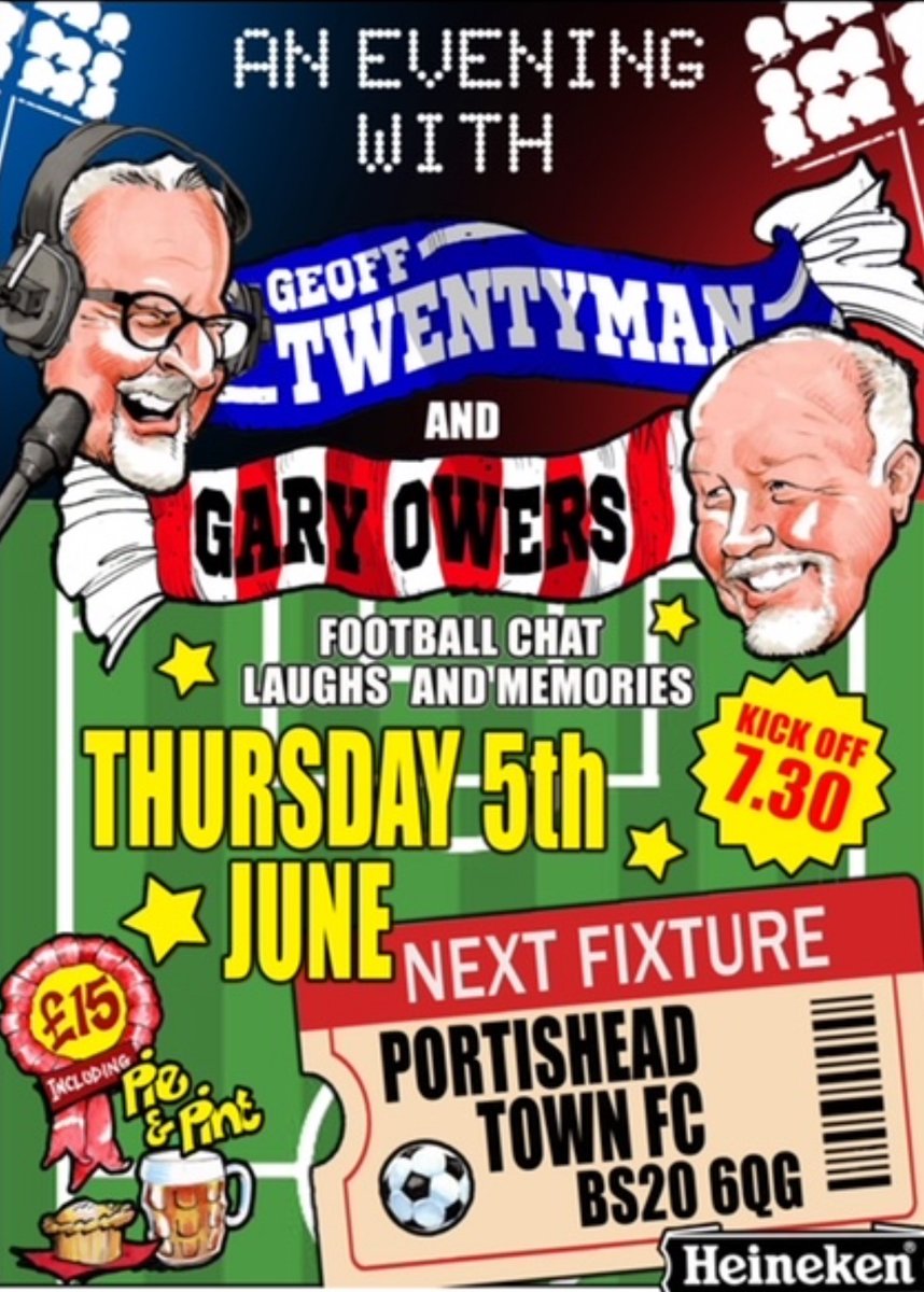 A WEEK TONIGHT 

🥟🍺⚽️🎤 Join us at 
<a href="/PortisheadTown/">Portishead Town FC 🏆🏆 DOUBLE (C)</a>

 🔴🔵 Gary Johnson and 
<a href="/Linesy8/">Chris Lines</a> on the sofas

🎤🍺 £15 inc a pie, a pint, football tales &amp; laughs

⚽️🥧 Raffle supporting a local cause 

⌚️⌚️ Thursday 5 June at 7.30pm

eventbrite.com/e/an-evening-w…