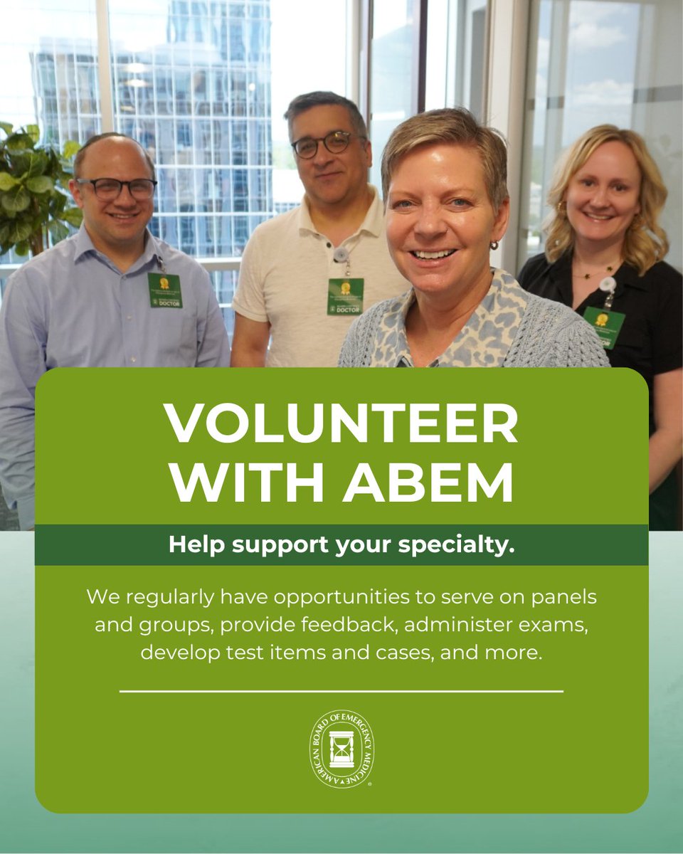 Volunteer with ABEM!✨ If you're interested in volunteer opportunities, visit our web page and complete the Interest Form to see how you can support the specialty of Emergency Medicine.
Learn more: hubs.la/Q03pvyfJ0

<a href="/EmergencyDocs/">Emergency Physicians</a> <a href="/SAEMonline/">SAEM</a> @AAEMInfo <a href="/ABMSCert/">ABMS</a>