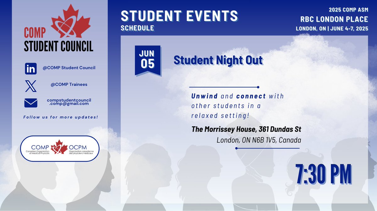 COMPTrainees's tweet image. π #COMP2025 Spotlight: Student Night Out!
π» Join us at The Morrissey House for food, drinks, games & great company!
π Donβt miss the YP Workshop Raffle at 9PM β come early to win!
π 361 Dundas St, London, ON
π All trainees welcome!
#MedPhysTrainees #COMP2025