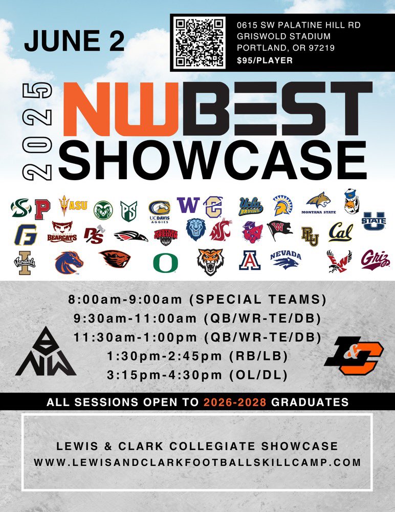 Kilian Eddleman (@kilianeddleman) on Twitter photo Excited to attend the 4th session of the <a href="/NWBestShowcase/">NW Best Showcase</a> at Lewis and Clark!
<a href="/nwbestshowcase_/">NW BEST</a>
<a href="/lewisclarkfb/">Lewis & Clark Football</a>
<a href="/Coach_DanFields/">Coach Daniel Fields</a>
<a href="/BrandonHuffman/">Brandon Huffman</a>
<a href="/JordanJ_/">Jordan Johnson</a>
<a href="/AlexBrink10/">Alex Brink</a>
<a href="/CoachPerrone/">Coach Perrone (My Recruits)</a> Excited to attend the 4th session of the <a href="/NWBestShowcase/">NW Best Showcase</a> at Lewis and Clark!
<a href="/nwbestshowcase_/">NW BEST</a>
<a href="/lewisclarkfb/">Lewis & Clark Football</a>
<a href="/Coach_DanFields/">Coach Daniel Fields</a>
<a href="/BrandonHuffman/">Brandon Huffman</a>
<a href="/JordanJ_/">Jordan Johnson</a>
<a href="/AlexBrink10/">Alex Brink</a>
<a href="/CoachPerrone/">Coach Perrone (My Recruits)</a>