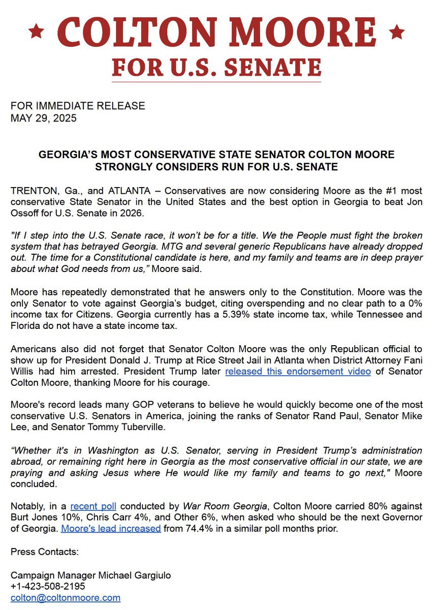 realColtonMoore's tweet image. 🚨Updates on running for U.S. Senate: Georgia needs a fighter!
We the People are tired of the corruption, income taxes, and injustices. #gapol
Thank you for your continued prayers and support during this time.
coltonmoore.com/donate