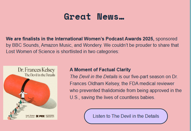 jgitchell's tweet image. How #TotesAmazeballs is @LostWomenofSci from @katiehafner?

Bigly!!

Their season on the patron saint of @US_FDA, Dr Kelsey, is a finalist for the International Women's Podcast Awards 2025!!!!!!!

1/2