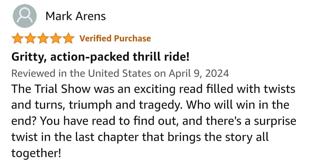 Konstantina88P's tweet photo. "Gritty, action-packed thrill ride!"

 #TheTrialShow 
🌟🌟🌟🌟🌟
https://t.co/BNxW9Jynsk

#readingcommunity #Read #amreading #Readers #indieauthor #writerslift #book #indiebooksbeseen #WritingCommunity #bookstagram #BookBoost #BookReview #Review https://t.co/ZaLGQFl5s4