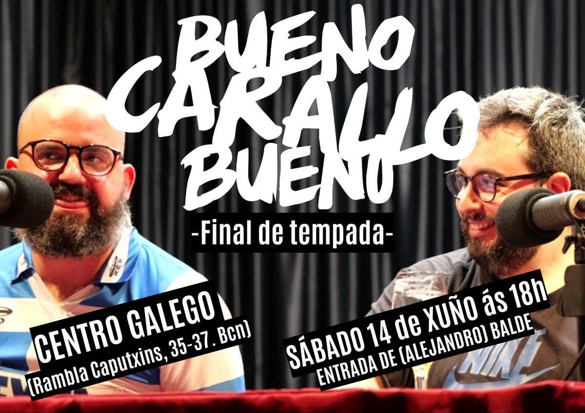 Queres vir ver e escoitar EN DIRECTO? o mellor p*** podcast en galego do mundo? Haberá moita carallada e moitas sorpresas.

Garda a data!

📆Sábado 14 de Xuño de 2025. 18h. 
💵ENTRADA GRATUITA.
🌍Onde? Centro Galego de Barcelona (Rambla Caputxins 35-37, Barcelona).