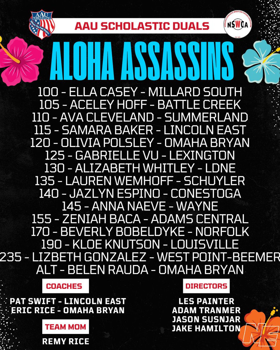 NEBwrestle's tweet image. Here are the 2025 Girls AAU Scholastic (Disney) Dual Rosters! Good luck to these squads competing in Florida 💥💥💥

All-Star A: Hawaiian Hicks
All-Star B: Hula Hit Squad
Developmental A: Aloha Assassins
Developmental B: Stitch Slammers