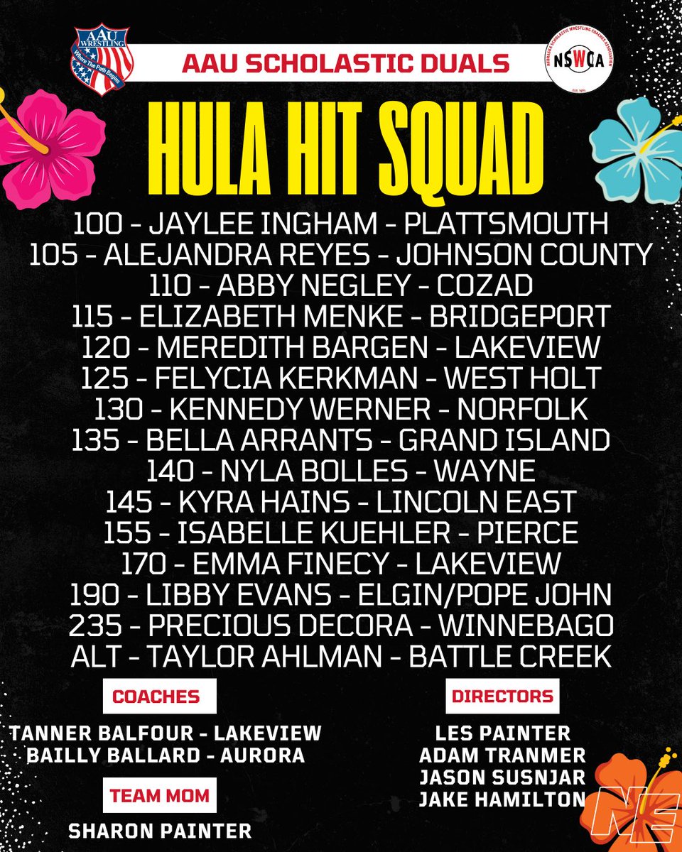 NEBwrestle's tweet image. Here are the 2025 Girls AAU Scholastic (Disney) Dual Rosters! Good luck to these squads competing in Florida 💥💥💥

All-Star A: Hawaiian Hicks
All-Star B: Hula Hit Squad
Developmental A: Aloha Assassins
Developmental B: Stitch Slammers