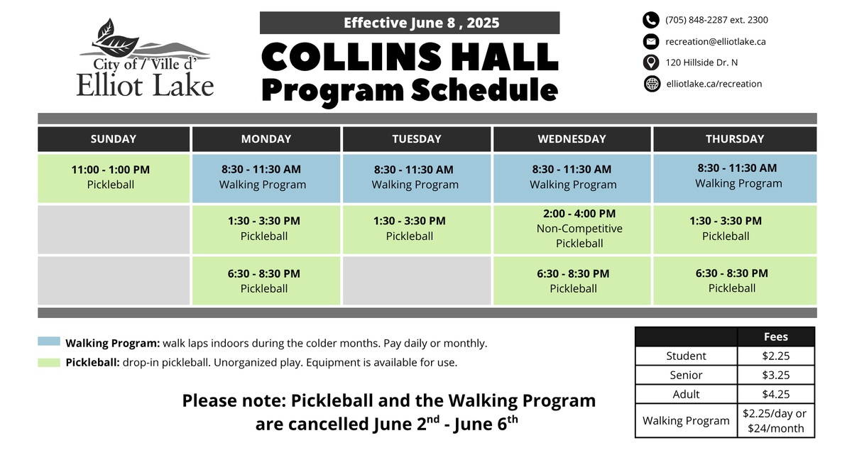 Collins Hall and Municipal Pool Schedules for June 2025.
For more info. please contact
705-848-2287 ext. 2300 for the Collins Hall and
705-848-2287 ext. 2500 for the Pool
