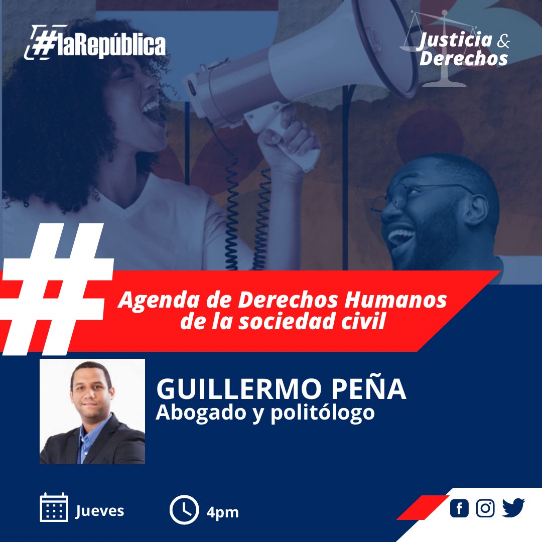 La República Radio (@larepradio) on Twitter photo HOY en #LaRepúblicaRadio la “Agenda de Derechos Humanos de la sociedad civil”, en nuestro segmento #justiciayderechos con el abogado y politólogo Guillermo Peña.
A partir de las 4pm por La Nota 95.7fm 📻🎙️
<a href="/BaezDerik/">Derik Báez Torres</a> <a href="/RDelgadilllo/">Ramieri Delgadillo Santana | Periodista</a> <a href="/Guillermopca/">Guillermo Peña Capellán</a> HOY en #LaRepúblicaRadio la “Agenda de Derechos Humanos de la sociedad civil”, en nuestro segmento #justiciayderechos con el abogado y politólogo Guillermo Peña.
A partir de las 4pm por La Nota 95.7fm 📻🎙️
<a href="/BaezDerik/">Derik Báez Torres</a> <a href="/RDelgadilllo/">Ramieri Delgadillo Santana | Periodista</a> <a href="/Guillermopca/">Guillermo Peña Capellán</a>