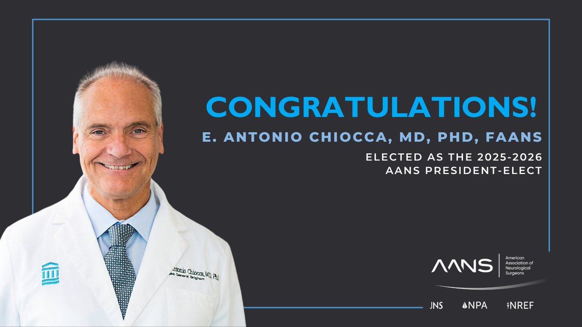 AANS (@aansneuro) on Twitter photo E. Antonio Chiocca, MD, PhD, FAANS (<a href="/EAChiocca/">E. Antonio Chiocca, MD, PhD, FAANS</a>), has been named President-elect of the AANS for the 2025–26 term. A pioneer in neuro-oncology and molecular medicine, Dr. Chiocca is Chair of Neurosurgery at <a href="/BrighamWomens/">Brigham and Women's Hospital</a> and Neurosurgeon-in-Chief at <a href="/MassGenBrigham/">Mass General Brigham</a>. His visionary E. Antonio Chiocca, MD, PhD, FAANS (<a href="/EAChiocca/">E. Antonio Chiocca, MD, PhD, FAANS</a>), has been named President-elect of the AANS for the 2025–26 term. A pioneer in neuro-oncology and molecular medicine, Dr. Chiocca is Chair of Neurosurgery at <a href="/BrighamWomens/">Brigham and Women's Hospital</a> and Neurosurgeon-in-Chief at <a href="/MassGenBrigham/">Mass General Brigham</a>. His visionary