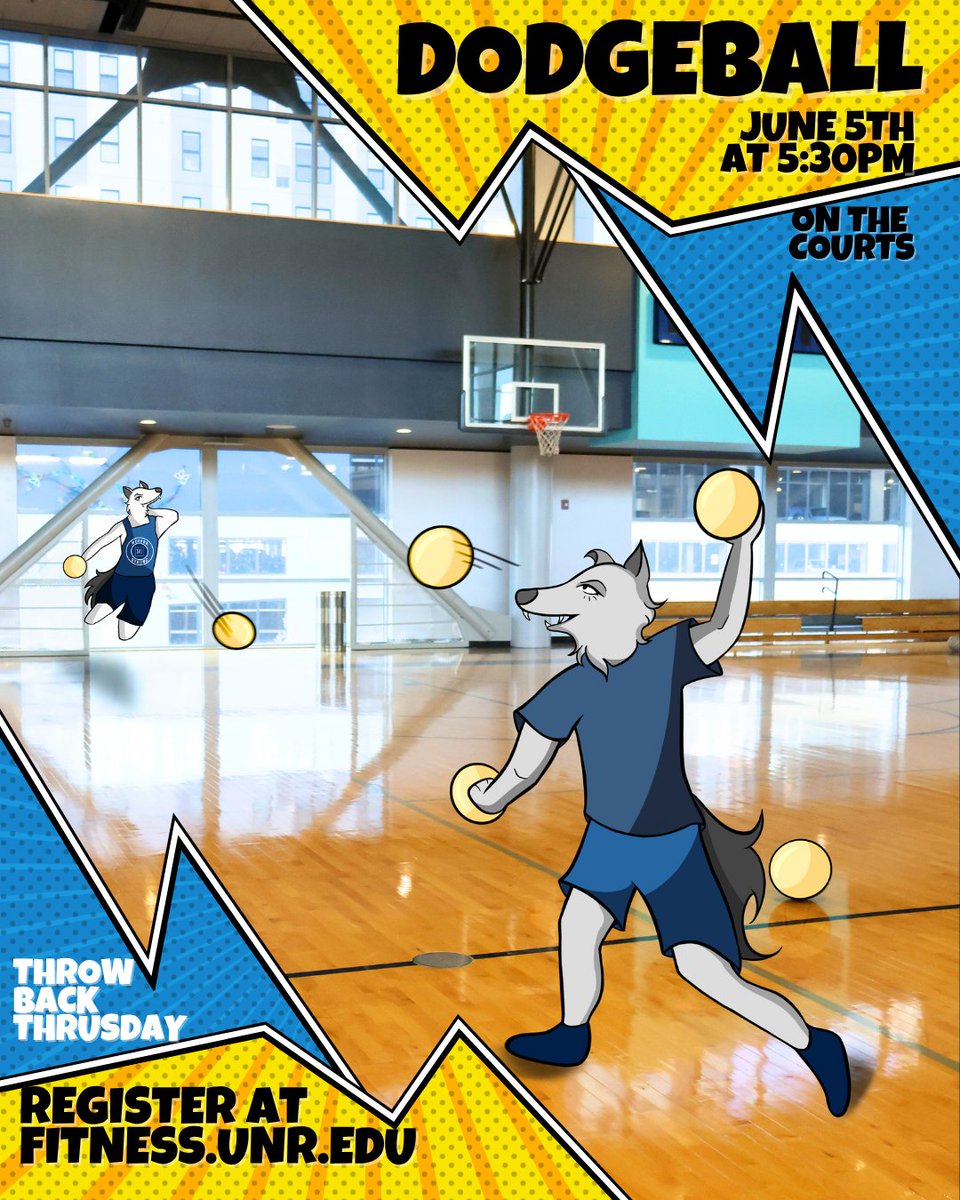 Join us for a bit of throwback fun for Throwback Thursday on June 5th with some dodgeball! 

Thursday, June 5th at 6:30pm on the basketball courts!

Sign up at fitness.unr.edu

#nevadastrong