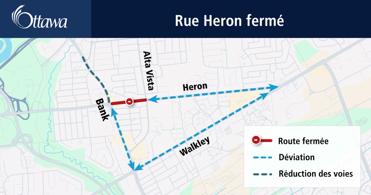 Dès le lundi 2 juin, le ch. Heron sera fermé de l’est de l’intersection avec la rue Bank à la prom. Alta Vista en raison de travaux sur l’infrastructure souterraine (projet de réfection de la rue Bank). Une déviation sera en place jusqu’au 31 août.
Info : bit.ly/3HcVufN