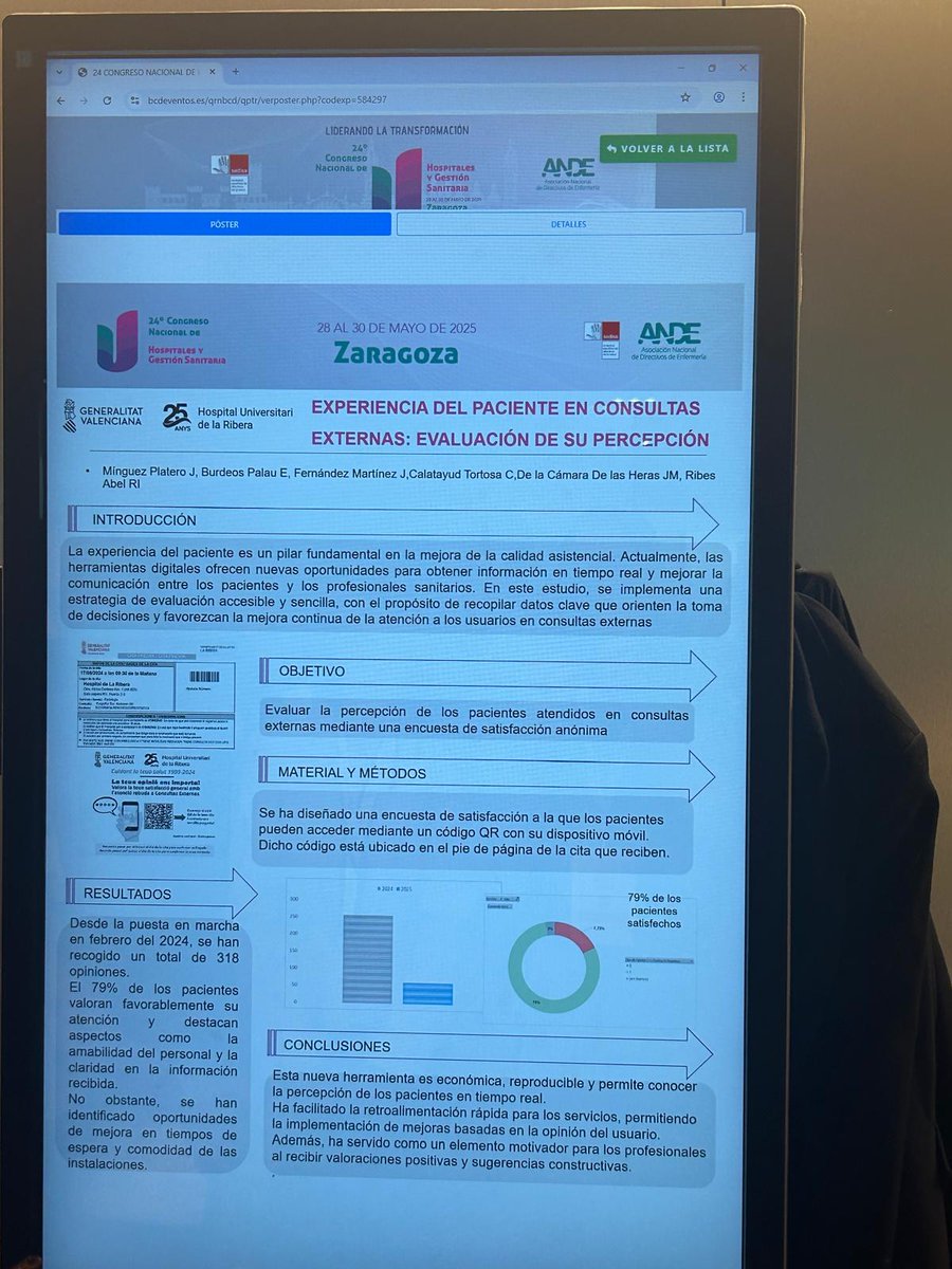 🏥 L'Hospital de La Ribera participa en el #CNH2025 a Saragossa .🗣️ El Dr. José Mínguez presenta:
✔️ Comunicació: ús real del checklist quirúrgic com a ferramenta de seguretat.📊 Pòster: enquesta en cites per a conéixer l'experiència del pacient en temps real.
#GestiónSanitaria