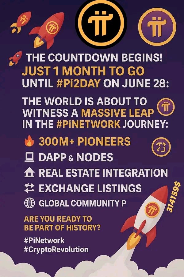 The countdown begins! Just 1 month to go until #Pi2Day on June 28!🚀
The world is about to witness a massive leap in the #PiNetwork journey:
🔥300M+pioneers
💻dApps &amp; Nodes
🏠Real Estate integration
💱Exchange listings
🌍Global Community Power
Hope you are ready for this?

#PiGCV