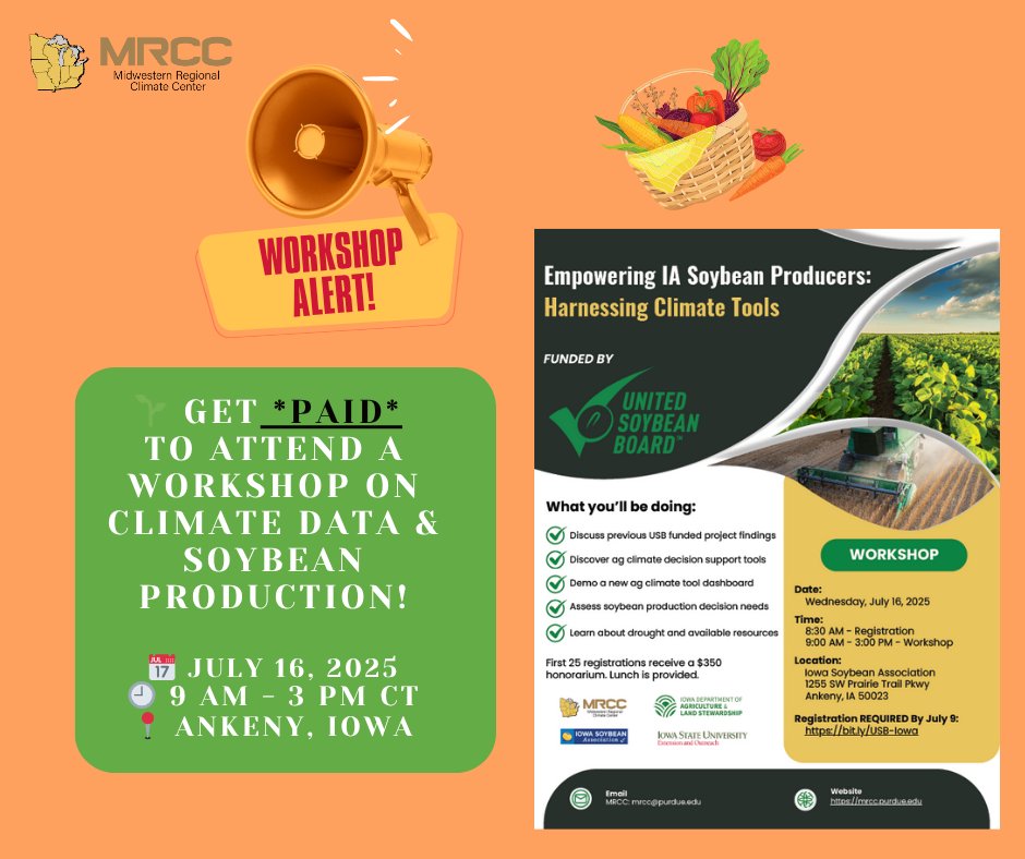 IOWA FARMERS: Get PAID to learn about climate tools for soybean production in Iowa! 🤑🌽

You read that right--- register BY July 9 to get $350 simply for attending the workshop 💸

Register HERE ➡️bit.ly/USB-Iowa