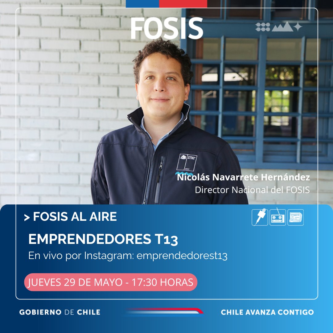 Esta tarde en Emprendedores T13 el director nacional del FOSIS, Nicolás Navarrete, estará conversando sobre cómo apoyar a las personas emprendedoras en el proceso de formalización. 

Entrevista en vivo por Instagram: 👉 instagram.com/emprendedorest…