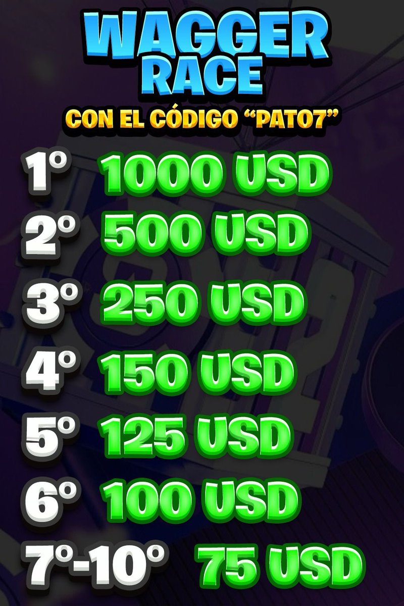 MUCHACHOS HOY ARRANCA, DE ACA A 10 DIAS, UNA CARRERA DE WAGGER RAPIDA CON EL CODIGO “PATO7” EN SHUFFLE, PARA PARTICIPAR LEE LAS NORMAS EN EL DISCORD discord.gg/QgwSwtHX