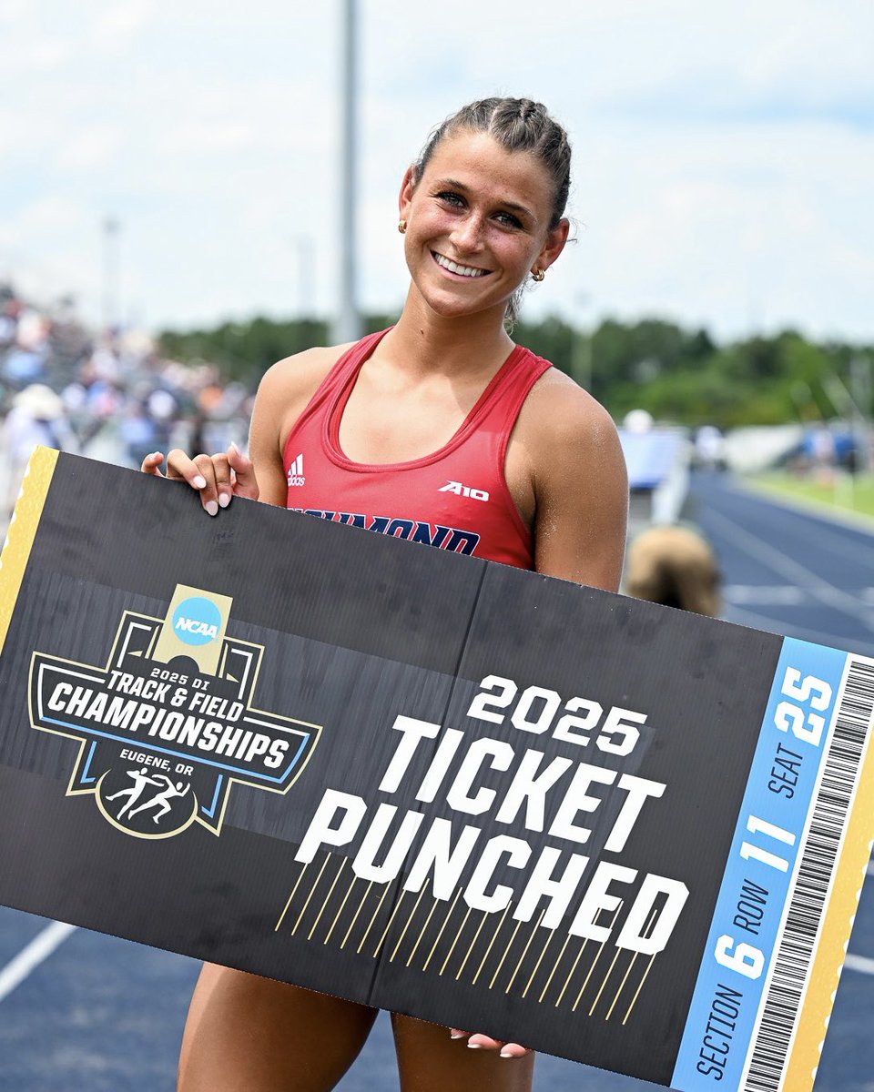 RichmondXCTF's tweet image. Headed to Hayward Field!

Molly Wise (6.18M) jumps her way to the NCAA Championships with a 9th place finish at the NCAA East Regional. #OneRichmond