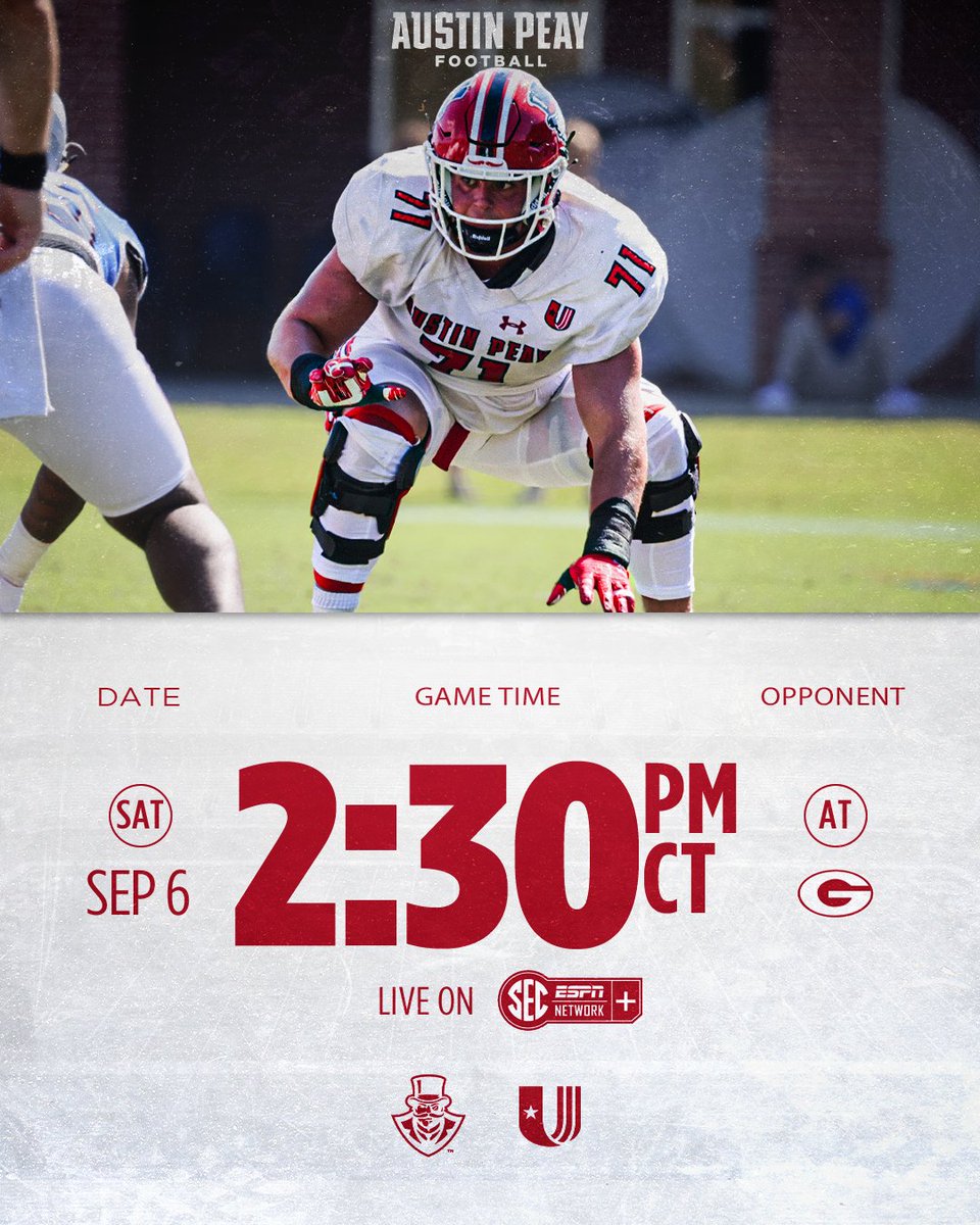 Austin Peay Football (@govsfb) on Twitter photo Under the lights in Murfreesboro and an afternoon between the hedges. ๐ฉ๐
๐ช๐ฒ๐ฒ๐ธ ๐ญ ๐ฎ๐ ๐ ๐ถ๐ฑ๐ฑ๐น๐ฒ ๐ง๐ฒ๐ป๐ป๐ฒ๐๐๐ฒ๐ฒ
๐ 6:00 PM
๐บ ESPN+
๐ช๐ฒ๐ฒ๐ธ ๐ฎ ๐ฎ๐ ๐๐ฒ๐ผ๐ฟ๐ด๐ถ๐ฎ
๐ 2:30 PM (CT)
๐บ SEC Network+
#GovEffect | #LetsGoPeay Under the lights in Murfreesboro and an afternoon between the hedges. ๐ฉ๐
๐ช๐ฒ๐ฒ๐ธ ๐ญ ๐ฎ๐ ๐ ๐ถ๐ฑ๐ฑ๐น๐ฒ ๐ง๐ฒ๐ป๐ป๐ฒ๐๐๐ฒ๐ฒ
๐ 6:00 PM
๐บ ESPN+
๐ช๐ฒ๐ฒ๐ธ ๐ฎ ๐ฎ๐ ๐๐ฒ๐ผ๐ฟ๐ด๐ถ๐ฎ
๐ 2:30 PM (CT)
๐บ SEC Network+
#GovEffect | #LetsGoPeay