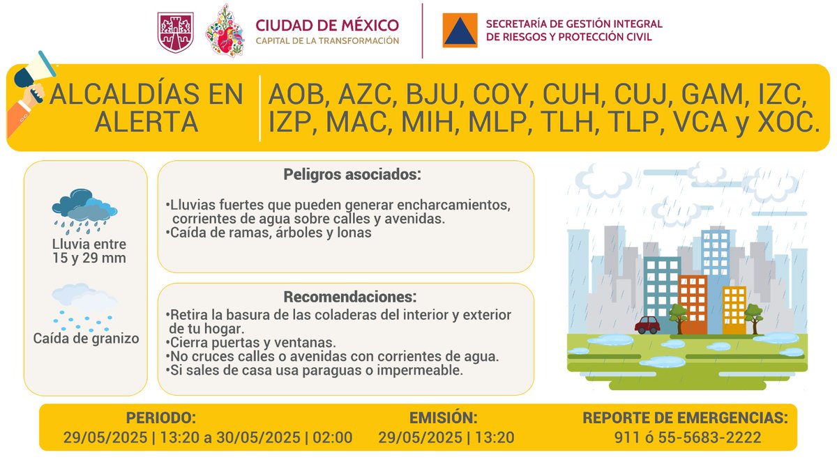 Se activa #AlertaAmarilla por pronóstico de lluvias fuertes con posible caída de granizo para la tarde y noche de este jueves 29/05/2025 y la madrugada del viernes 30/05/2025, en toda la ciudad.

Atiende nuestras recomendaciones y recuerda que #LaPrevenciónEsNuestraFuerza