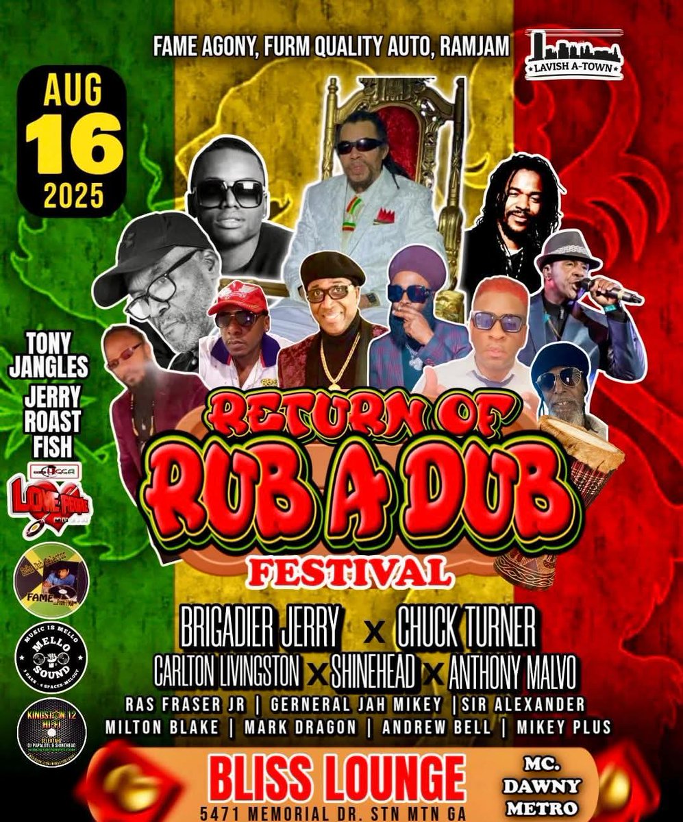 Georgia Massive! Return of Rub A Dub Festival Aug 16 <a href="/Brigadierjerry1/">Brigadierjerry</a> <a href="/100lbAColliweed/">Carlton Livingston</a>  Shinehead <a href="/kingston12hifi/">KINGSTON12 HiFi</a>  <a href="/malvobless/">anthony malvo</a> 
#reggae #jamaicanmusic #georgia