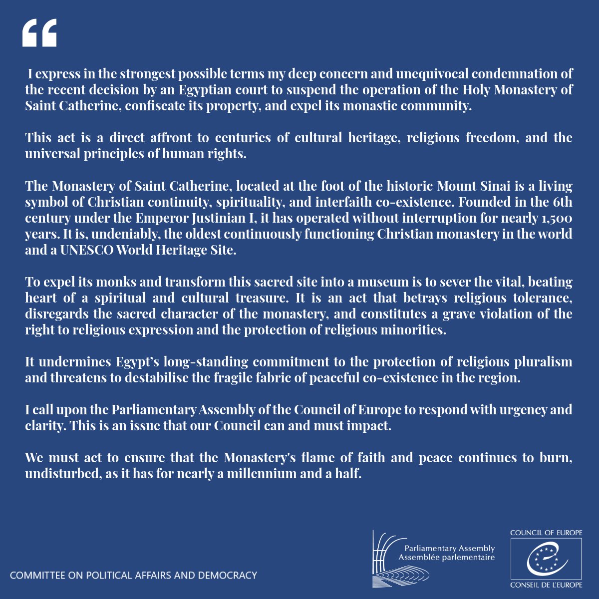 Rapporteur on the Situation in the Middle East of the Parliamentary Assembly of the Council of Europe, Ms Dora Bakoyannis, condemns the closure of Saint Catherine’s Monastery in Sinai, Egypt.

Full statement: