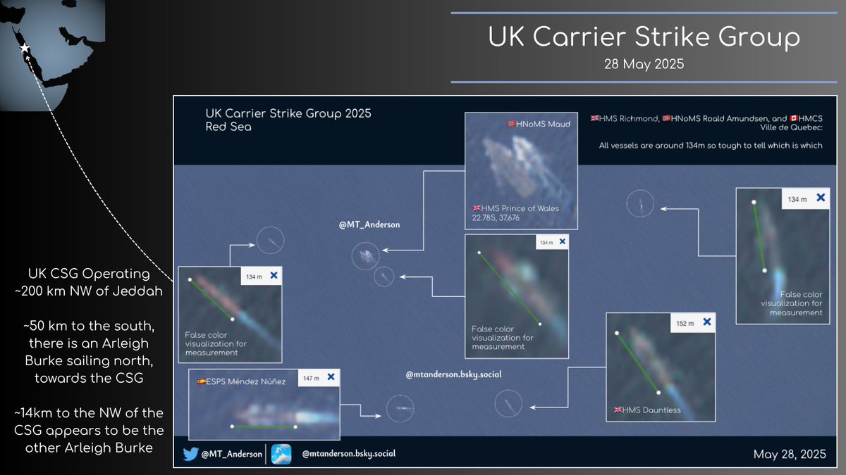 🇬🇧UK Carrier Strike Group🇬🇧
Spotted on the 28 May 2025 operating NW of 🇸🇦Jeddah

RAS (UNREP) day for HMS Prince of Wales &amp; other vessels in the 7x strong CSG

There appears to be an Arleigh Burke to the NW (~14 km) and another to the S (~50 km)

Caveats apply given the low