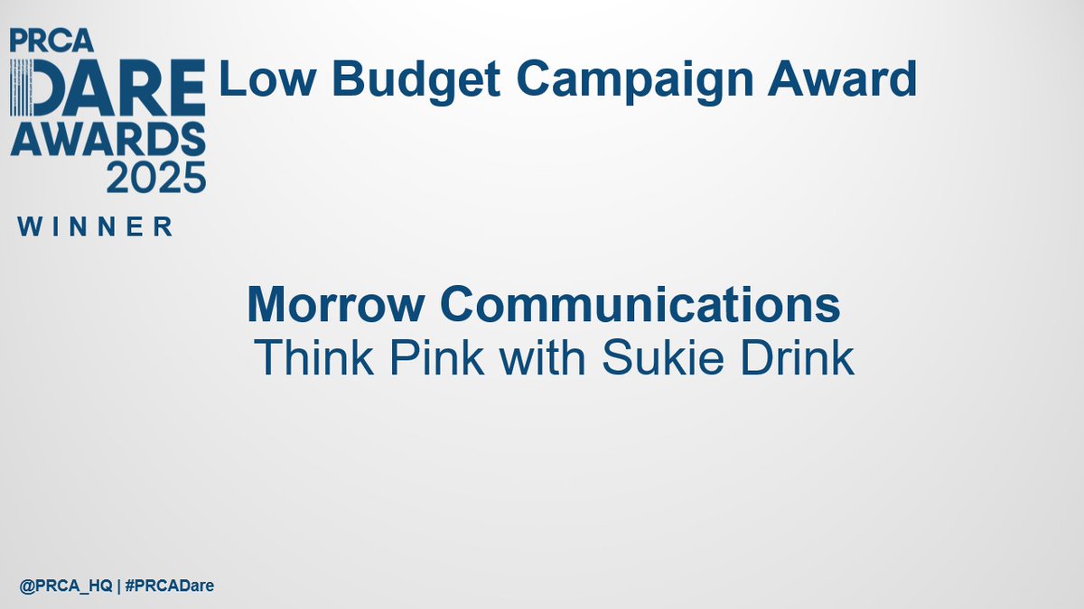PRCA (@prca_hq) on Twitter photo 🏆 The winner of our Low Budget Campaign Award is...
<a href="/MorrowComms/">Morrow Comms</a>, for the vibrant 'Think Pink with Sukie Drink' campaign!
#PRCADare 🏆 The winner of our Low Budget Campaign Award is...
<a href="/MorrowComms/">Morrow Comms</a>, for the vibrant 'Think Pink with Sukie Drink' campaign!
#PRCADare