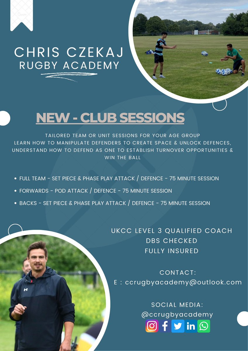 Chris Czekaj Rugby Academy (@ccrugbyacademy) on Twitter photo 📣 Club Training Sessions 🚨
Tailored team or unit sessions for your age group 💪🏼 Learn how to manipulate defenders to create space & unlock defences 🔓 Understand how to defend as one to establish turnover opportunities and win the ball 🏉
E: ccrugbyacademy@outlook.com 📣 Club Training Sessions 🚨
Tailored team or unit sessions for your age group 💪🏼 Learn how to manipulate defenders to create space & unlock defences 🔓 Understand how to defend as one to establish turnover opportunities and win the ball 🏉
E: ccrugbyacademy@outlook.com
