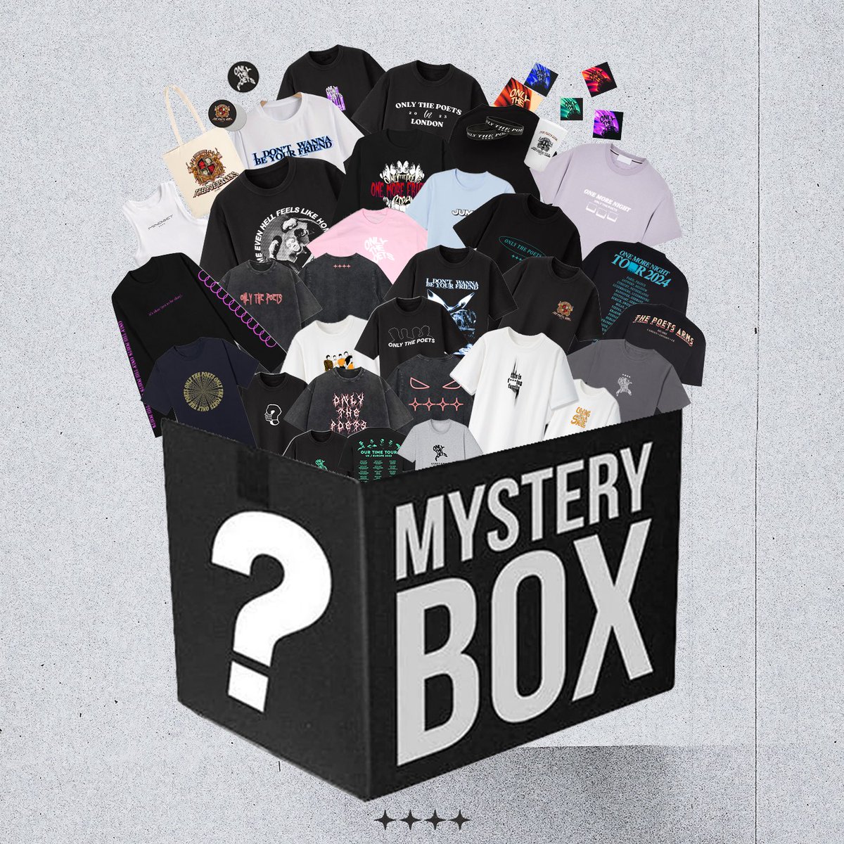 Andy has got together all of the merch and is making a limited amount of mystery boxes that he will send out personally 

3 x Mystery T-Shirt 
(all same size - pick S/M/L/XL/XXL) 
Tote Bag 
Wristband
Poets Arm Beer cup 
Poets Arms Coaster
CD

£60, On-sale Monday 6pm, register: