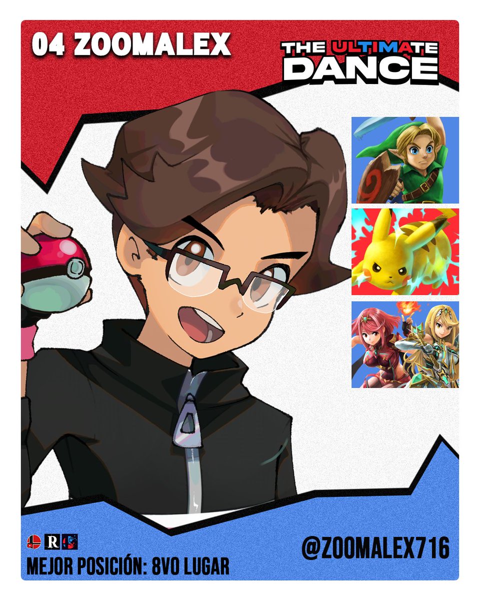 ⚠️PARTICIPANTE 04 CONFIRMADO PARA THE ULTIMATE DANCE!
<a href="/Zoomalex716/">Zoomalex</a>! Ira con Young Link, Pikachu y Pyra &amp; Mythra! 
Estuvo en el primer torneo y en Smash Rivals! 
Su máximo desempeño fue el 8vo lugar! Lograra superarlo esta vez?!
PD: Me papeo en fase de grupos de Smash Rivals.