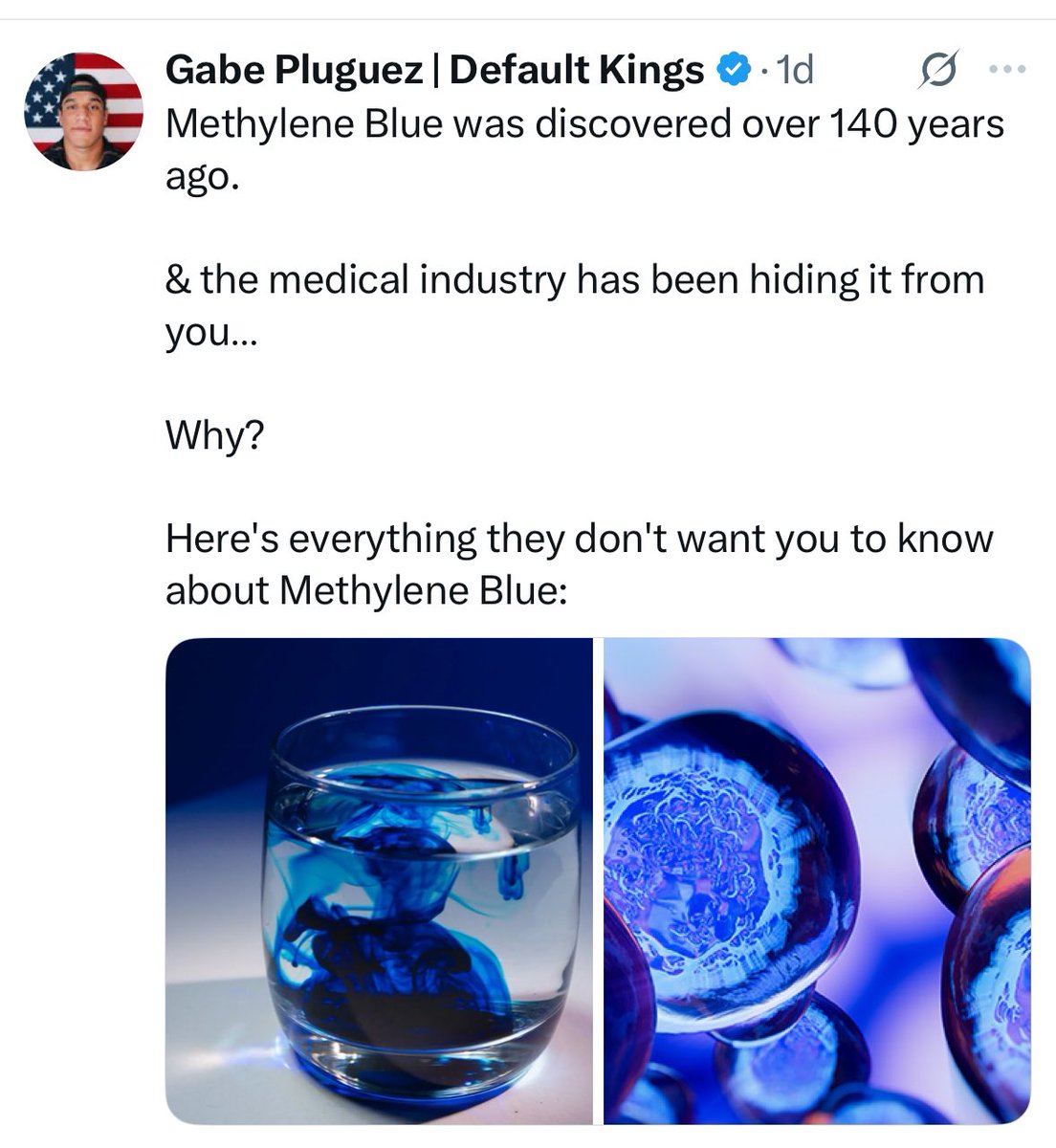 "Wellness influencers" for some reason want you to take methylene blue 

A synthetic petroleum based dye

Why???
