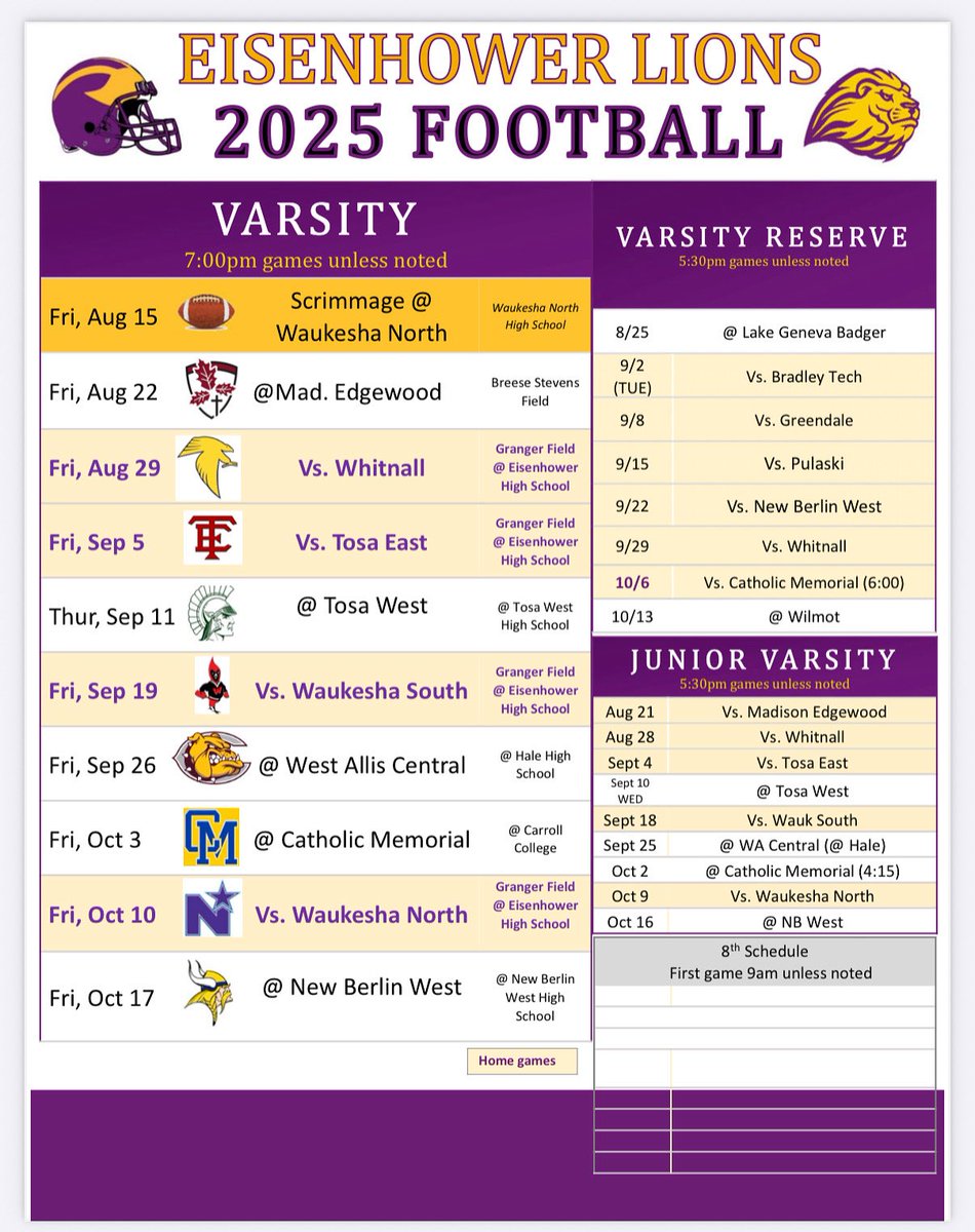 NB Eisenhower Lions Football 2025 schedule!!  Hope to see you at these games!!
