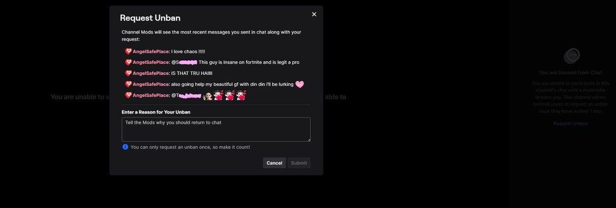Imagine being ban from a channel that you only had 5 messages in and never had any outside twitch interaction with the person. Only thing having in common with them is someone who is a part of their stream team, who made it clear they don't care about others if there no self gain