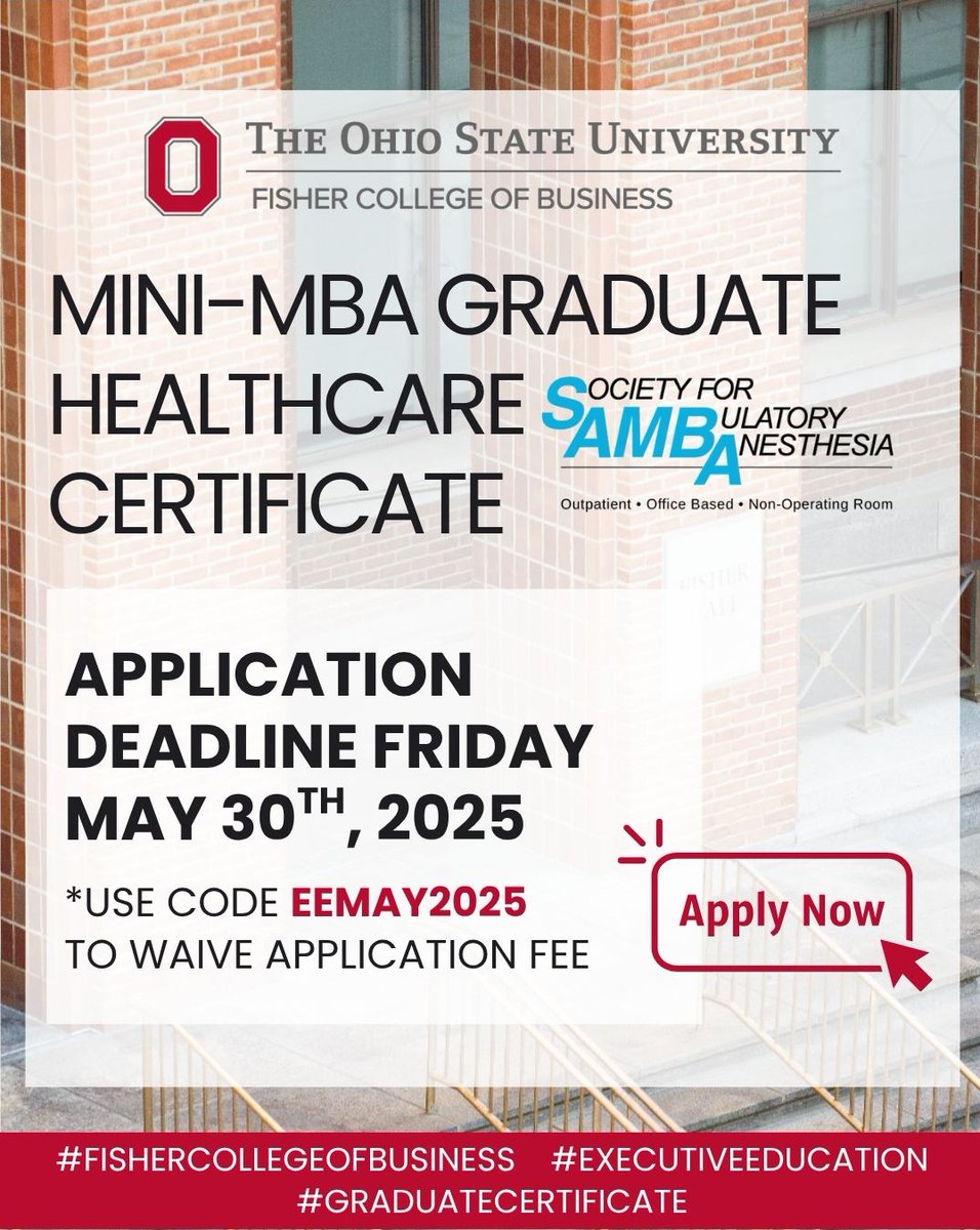OSU Exec Leadership and Business in Anesthesiology (@osuexecbizanes) on Twitter photo <a href="/sambahq/">Society for Ambulatory Anesthesia (SAMBA)</a> <a href="/FisherOSU/">Fisher College of Business</a> Mini-MBA Graduate Healthcare Certificate is open to ALL HEALTHCARE PROFESSIONALS <a href="/OSU_ANESRes/">Ohio State Anesthesiology Residency Program</a> <a href="/ASALifeline/">ASA®</a> <a href="/ASAMonitor/">ASA Monitor</a> <a href="/AACD1988/">AACD</a> <a href="/_Anesthesiology/">Anesthesiology</a> <a href="/APSForg/">APSF</a> <a href="/ASRA_Society/">ASRA Pain Medicine</a> <a href="/AmerMedicalAssn/">AMA</a> <a href="/NationalMedAssn/">National Medical Association</a> <a href="/nationwidekids/">Nationwide Children's Hospital</a> <a href="/OSUWexMed/">The Ohio State University Wexner Medical Center</a> <a href="/OSUCCC_James/">The James</a> <a href="/OhioStateMed/">The Ohio State University College of Medicine</a> <a href="/sambahq/">Society for Ambulatory Anesthesia (SAMBA)</a> <a href="/FisherOSU/">Fisher College of Business</a> Mini-MBA Graduate Healthcare Certificate is open to ALL HEALTHCARE PROFESSIONALS <a href="/OSU_ANESRes/">Ohio State Anesthesiology Residency Program</a> <a href="/ASALifeline/">ASA®</a> <a href="/ASAMonitor/">ASA Monitor</a> <a href="/AACD1988/">AACD</a> <a href="/_Anesthesiology/">Anesthesiology</a> <a href="/APSForg/">APSF</a> <a href="/ASRA_Society/">ASRA Pain Medicine</a> <a href="/AmerMedicalAssn/">AMA</a> <a href="/NationalMedAssn/">National Medical Association</a> <a href="/nationwidekids/">Nationwide Children's Hospital</a> <a href="/OSUWexMed/">The Ohio State University Wexner Medical Center</a> <a href="/OSUCCC_James/">The James</a> <a href="/OhioStateMed/">The Ohio State University College of Medicine</a>