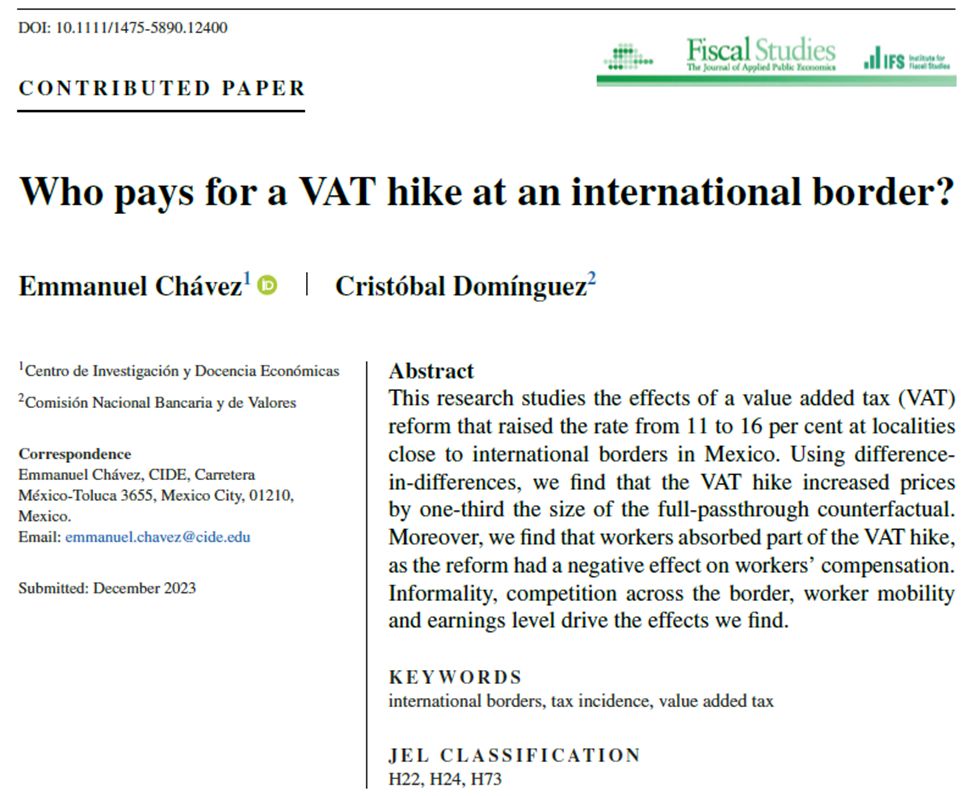 #AcademiaCIDE | El prof. Emmanuel Chávez, junto con Cristóbal Domínguez de la <a href="/cnbvmx/">CNBV</a>, estudia el efecto de la reforma al Impuesto al Valor Agregado (VAT) de 2014 en el nivel de precios para diferentes productos y en el mercado laboral en México. Entre sus principales hallazgos,