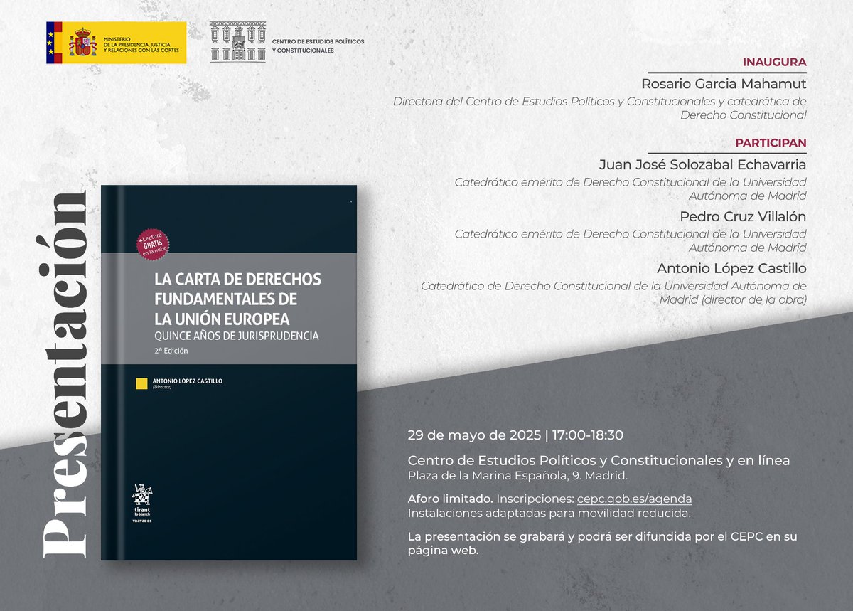 Va a dar comienzo en <a href="/cepcgob/">Centro de Estudios Políticos y Constitucionales</a> la presentación del libro "La Carta de Derechos Fundamentales de la Unión Europea. Quince años de jurisprudencia"
<a href="/ACE_ACOES/">ACE_ACOES</a>