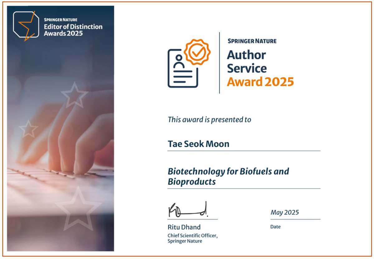 Tae Seok Moon (@moon_synth_bio) on Twitter photo Thank Springer Nature for giving me an Editor of Distinction Award!
"This award recognises your exceptional service in improving the author experience and ensuring the peer review process is efficient, constructive and fair." Biotechnol. Biofuels & Bioproducts <a href="/SpringerNature/">Springer Nature</a> Thank Springer Nature for giving me an Editor of Distinction Award!
"This award recognises your exceptional service in improving the author experience and ensuring the peer review process is efficient, constructive and fair." Biotechnol. Biofuels & Bioproducts <a href="/SpringerNature/">Springer Nature</a>