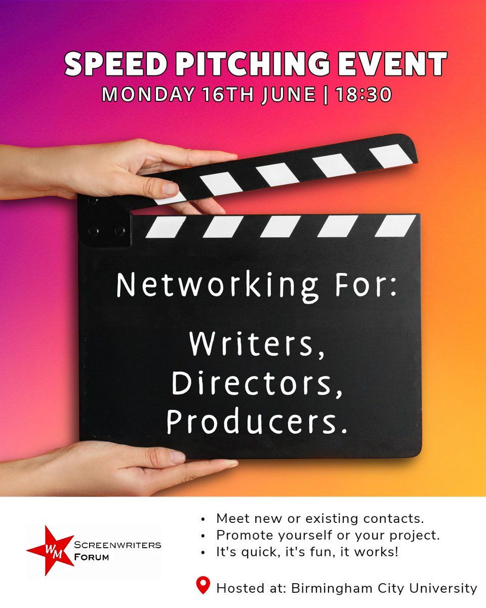 FREE Speed Pitching Event For Writers, Directors and Producers - 16th June!

Meet new or existing contacts, promote yourself and your project, and IMPROVE it, all at the same time in a surprisingly realistic pitching scenario!

Sign up: buytickets.at/screenwritersf…