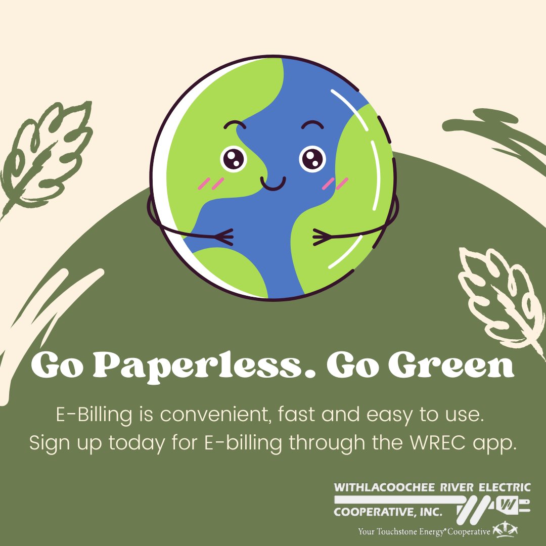 WRECCoop's tweet image. 🌿 Go Green with E-Billing! 🌍

Tired of paper clutter? Make the switch to E-Billing — it’s fast, convenient, and eco-friendly! 🌱

Sign up today through the WREC app and help us build a more sustainable future. 💚

📲 #GoGreen #PaperlessBilling #EcoFriendly #WRECcoop