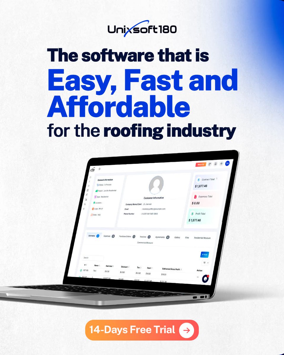 unixsoft180's tweet image. Transform how you manage roofing projects—fast, simple, and cost-effective. All you need in one smart tool. Try it now with zero risk!
#RoofingSoftware #AllInOneTool #ProjectManagement #DigitalSolutions #14DayFreeTrial