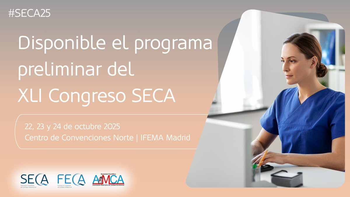 Ya se encuentra disponible el programa preliminar del XLI Congreso de SECA, que se celebrará los días 22, 23 y 24 de octubre de 2025 en IFEMA, Madrid: calidadasistencial.es/xli-congreso-s…
⚠️ El plazo para el envío de comunicaciones finaliza el próximo 1 de junio
#CalidadAsistencial #SECA25