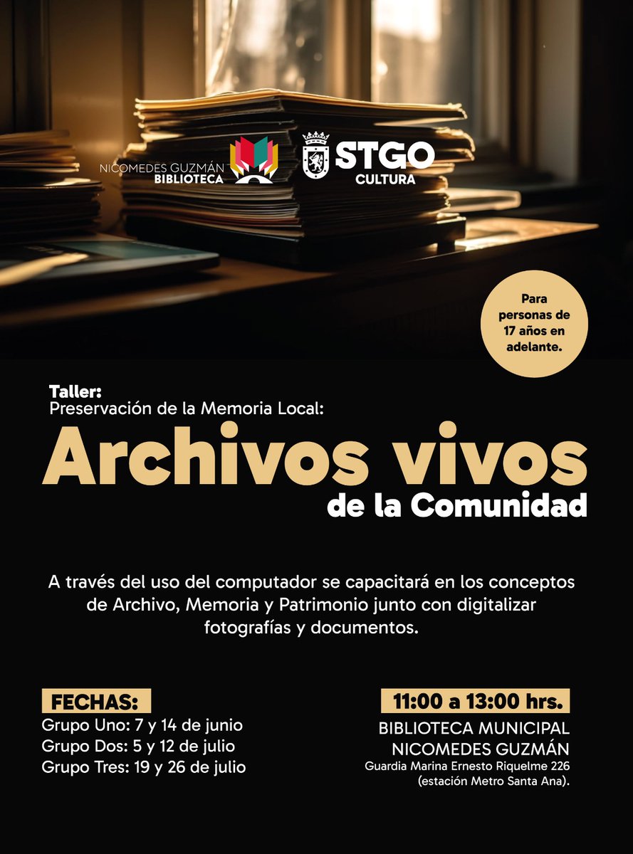 📂Conecta con la memoria y el patrimonio en este taller presencial de dos sesiones centrado en la creación y gestión de un archivo personal y familiar.

👉Completa el formulario de inscripción y conoce más en santiagocultura.cl/taller-de-pres…