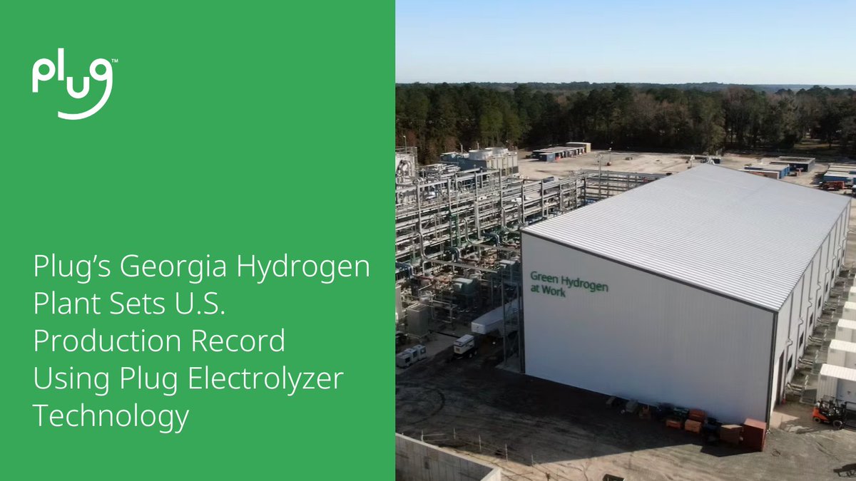 Plug Power Inc. (@plugpowerinc) on Twitter photo Our Georgia Hydrogen Plant set a U.S. record with 300 metric tons of liquid hydrogen produced in April 2025 using our = GenEco PEM electrolyzer tech. We're proud to help our customers like <a href="/Walmart/">Walmart</a>, @Amazon & <a href="/HomeDepot/">The Home Depot</a> decarbonize operations. Learn more: ir.plugpower.com/press-releases⦠Our Georgia Hydrogen Plant set a U.S. record with 300 metric tons of liquid hydrogen produced in April 2025 using our = GenEco PEM electrolyzer tech. We're proud to help our customers like <a href="/Walmart/">Walmart</a>, @Amazon & <a href="/HomeDepot/">The Home Depot</a> decarbonize operations. Learn more: ir.plugpower.com/press-releasesā¦