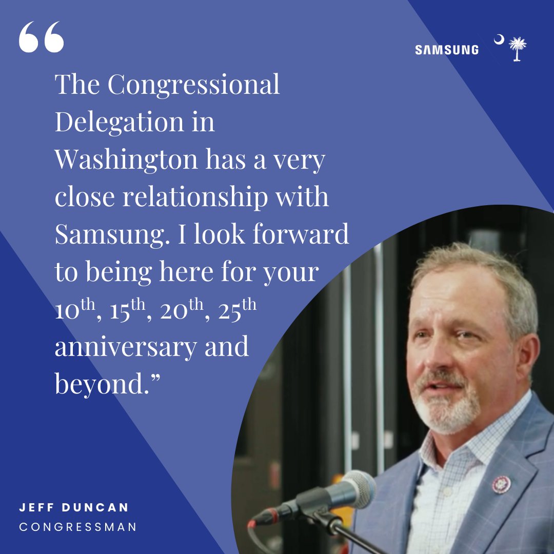 SamsungSC's tweet image. Samsung was honored to host South Carolina Congressman @RepJeffDuncan for a tour. Our strong relationship with leaders in Washington, DC, helps our teams drive innovation and opportunity in South Carolina and beyond: youtu.be/Syu5jTJ5tm8