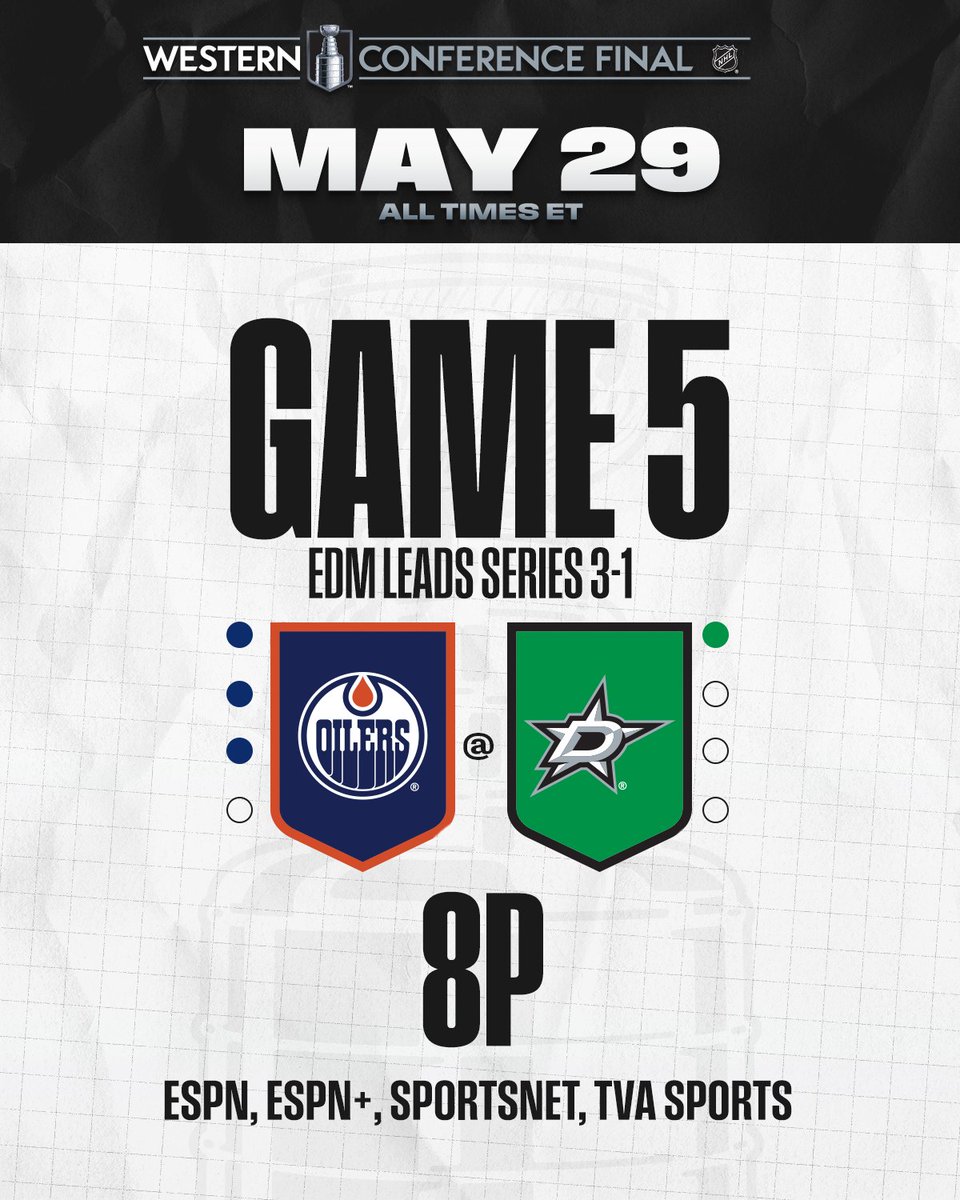 NHL (@nhl) on Twitter photo Will the Oilers meet the Panthers in the #StanleyCup Final for the second year in a row or will the Stars push for Game 6? 👀
📺: <a href="/EdmontonOilers/">Edmonton Oilers</a> vs. <a href="/DallasStars/">X - Dallas Stars</a> Western Conference Final Game 5 TONIGHT at 8p ET on <a href="/espn/">ESPN</a>, <a href="/ESPNPlus/">ESPN+</a>, <a href="/Sportsnet/">Sportsnet</a>, and <a href="/TVASports/">TVA Sports</a> Will the Oilers meet the Panthers in the #StanleyCup Final for the second year in a row or will the Stars push for Game 6? 👀
📺: <a href="/EdmontonOilers/">Edmonton Oilers</a> vs. <a href="/DallasStars/">X - Dallas Stars</a> Western Conference Final Game 5 TONIGHT at 8p ET on <a href="/espn/">ESPN</a>, <a href="/ESPNPlus/">ESPN+</a>, <a href="/Sportsnet/">Sportsnet</a>, and <a href="/TVASports/">TVA Sports</a>