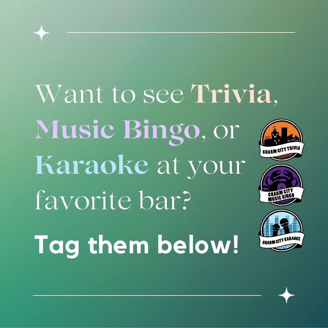 Want to see Charm City Entertainment at your favorite bar or restaurant? Tag them below!

#Trivia #MusicBingo #Karaoke #Entertainment #CharmCityEntertainment #CharmCityTrivia #CharmCityMusicBingo #CharmCityKaraoke #Maryland #DMV #Delaware #Pennsylvania #Virginia #DC