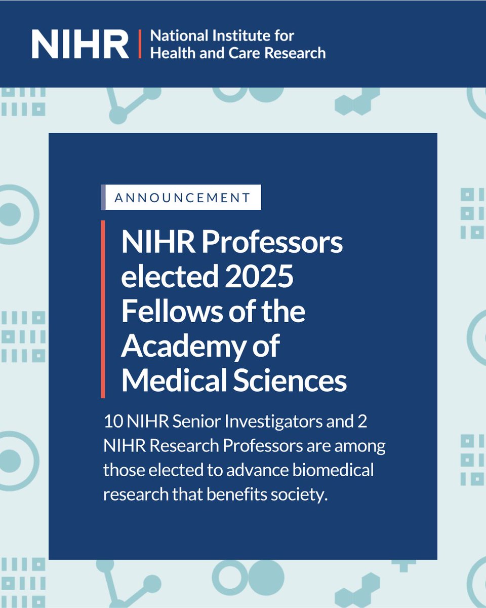 National Institute for Health and Care Research (@nihrresearch) on Twitter photo We’re delighted to announce that 10 NIHR Senior Investigators and 2 NIHR Research Professors have been elected as Fellows of the <a href="/acmedsci/">Academy of Medical Sciences</a> for 2025 🎉
They join an esteemed Fellowship of 1,450 researchers shaping the UK’s health and care research landscape and delivering We’re delighted to announce that 10 NIHR Senior Investigators and 2 NIHR Research Professors have been elected as Fellows of the <a href="/acmedsci/">Academy of Medical Sciences</a> for 2025 🎉
They join an esteemed Fellowship of 1,450 researchers shaping the UK’s health and care research landscape and delivering