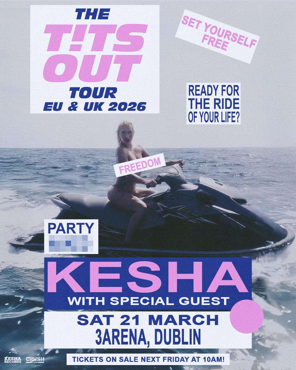 💫 Just Announced!

Multi-Platinum global pop superstar Kesha brings The Tits Out Tour to #3Arena on Saturday, 21 March 2026.

🎫 Three+ Presale - Wednesday, 04 June at 10am
🎟️ General sale - Friday, 06 June at 10am