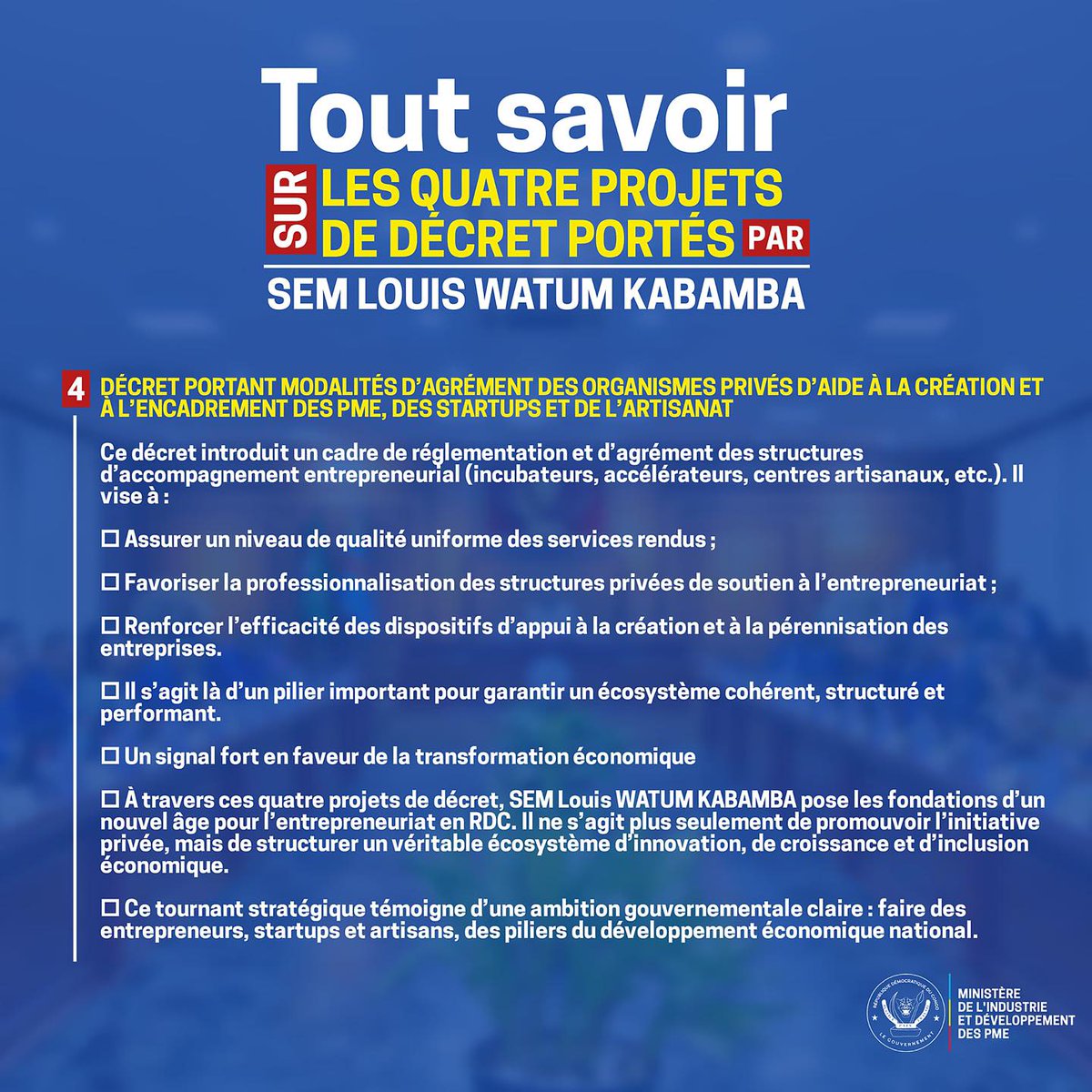 🚀 Un pas décisif pour l’innovation en RDC !

Le Projet TRANSFORME salue l’initiative portée par SEM Louis Watum Kabamba à travers le décret sur les avantages aux startups et entrepreneurs incubés.

✅ Avantages fiscaux, douaniers et parafiscaux
✅ Incitations pour les grandes